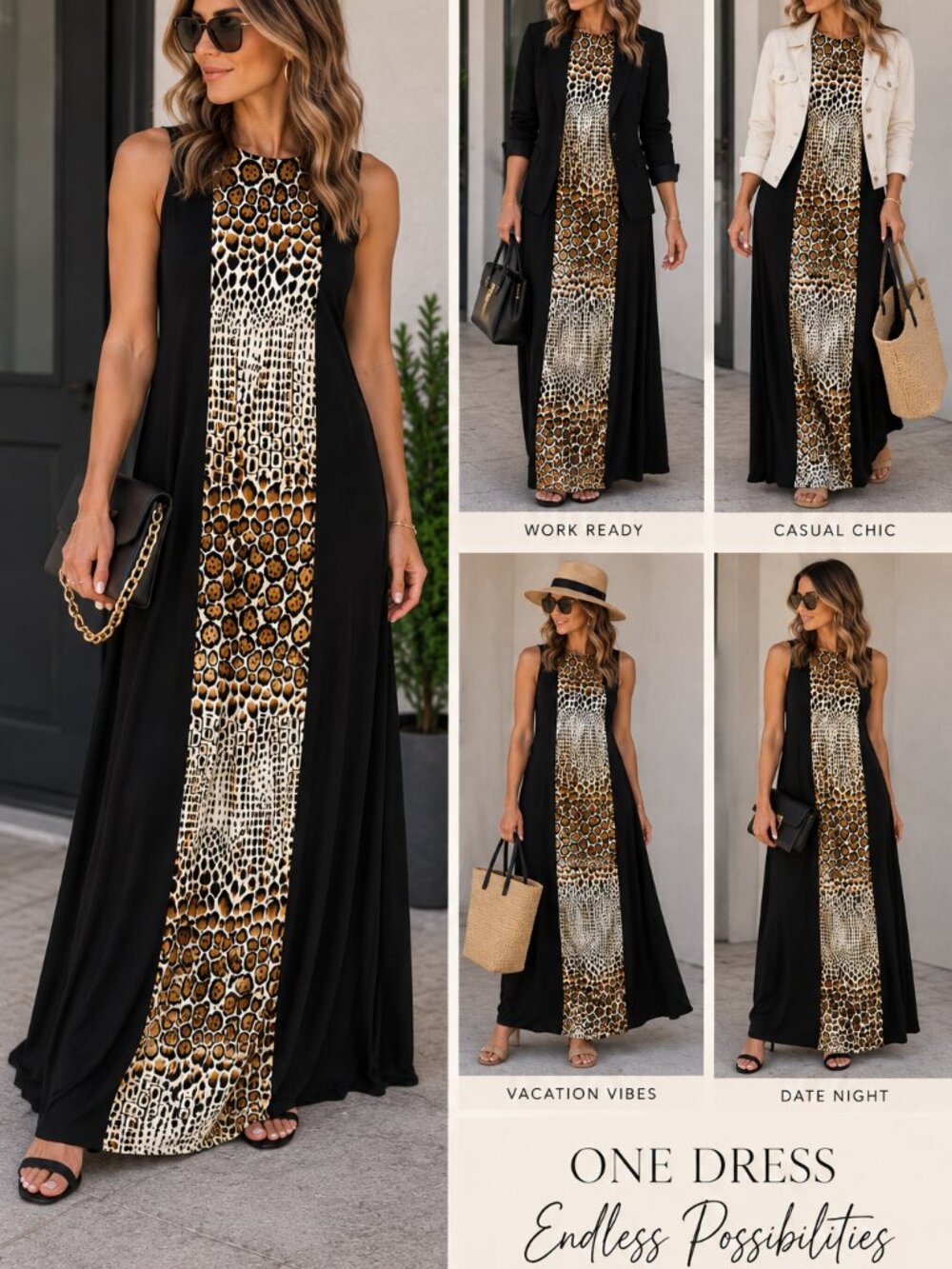 NB Studio Black Leopard Print Maxi Dress Size L